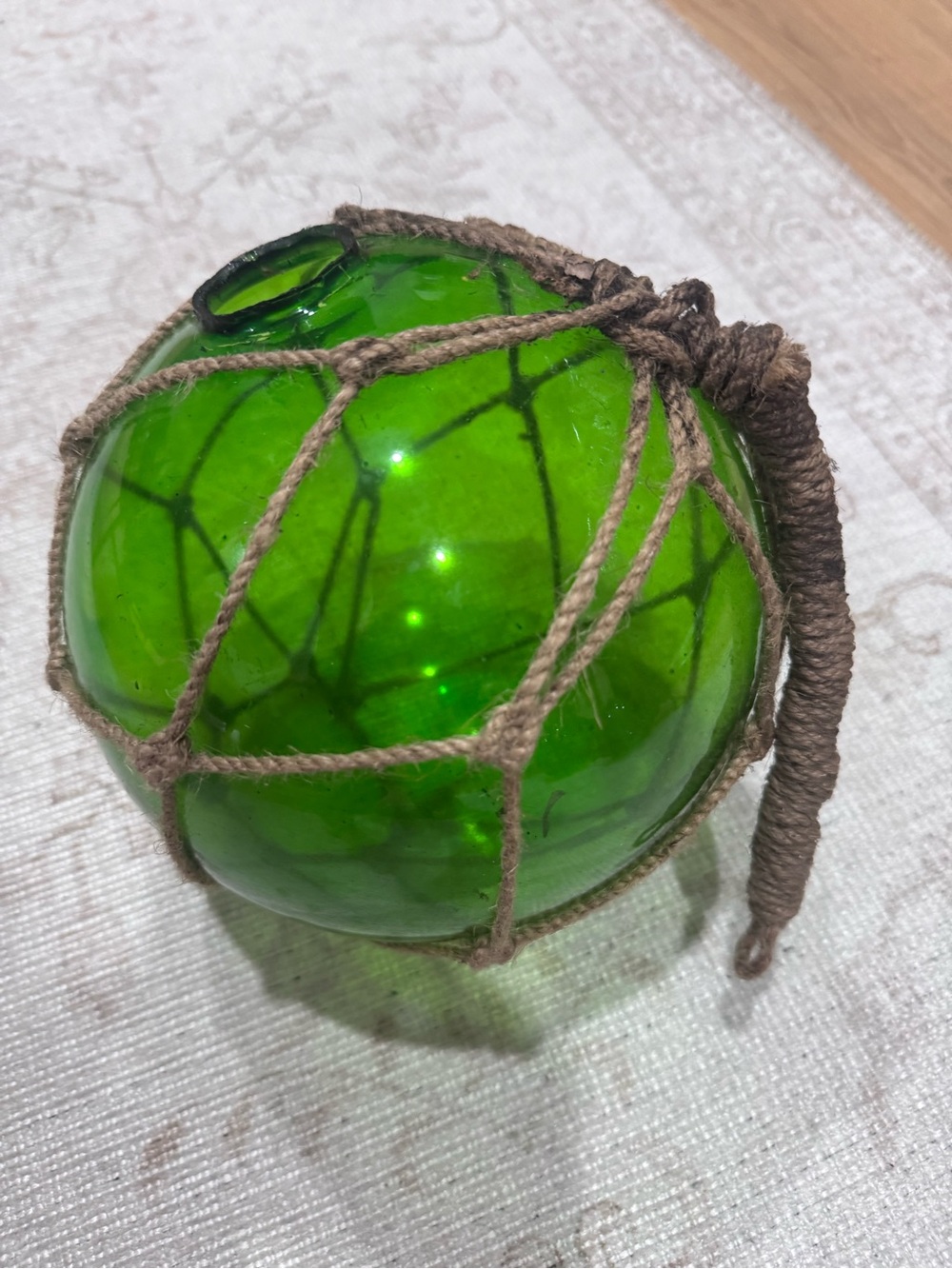 Vintage Green Glass Fishing Float with Rope Net